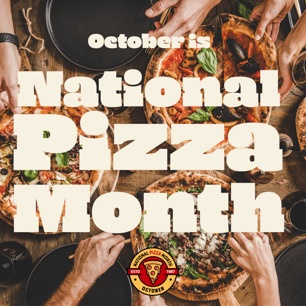 pizzas and hands, National Pizza Month, social graphic